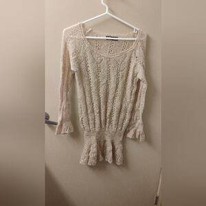 Zara Women's Cream Metallic Thread Knit Sweater Tunic Dropwaist Top Sz M